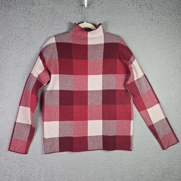 Tahari Buffalo Plaid Mock Neck Sweater Red Cream Large Cozy Fall Trending - Picture 9 of 13